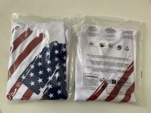 Men's V-neck quick-dry short sleeve t-shirt detailed view showing mesh fabric and flag print.