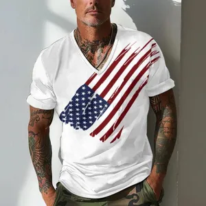 Mens casual V-neck short sleeve t-shirt with vintage US flag print, breathable summer top.