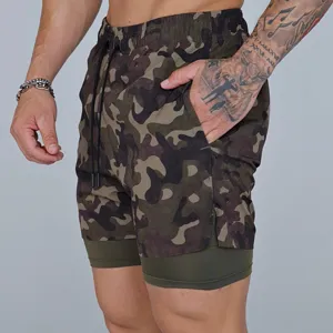 Short de course camouflé 2 en 1 pour homme, pantalon de fitness respirant avec poches.