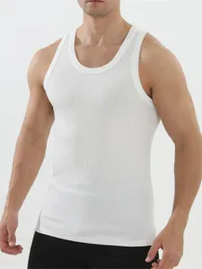 Heren wit geribbelde tanktop mouwloos sport fitness overhemd comfortabele pasvorm