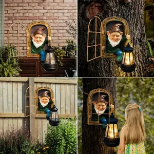 Solaire Jardin Nain Résine Figurine Murale Extérieur Étanche LED Lanterne Cour Lumière