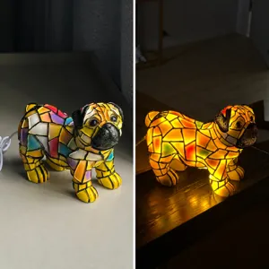 Luz nocturna LED de resina pug mosaico vista de detalle, lámpara de escritorio de animales USB.