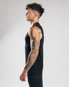 Heren effen zwart mouwloos fitness tanktop, comfortabele en ademende sportkleding.