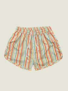 Colorful striped men's beach shorts detail view, featuring quick-drying fabric and waist cord.