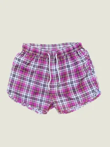 Detailed view of men pink plaid quick dry beach shorts, woven polyester fabric, drawstring.