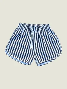 Detail view of men's vertical striped quick-dry beach shorts featuring an elastic drawstring
