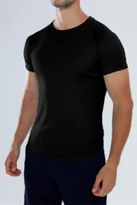 Schwarzes Herren Sport T-Shirt aus Mesh, atmungsaktiv, schnelltrocknend für Fitness und Lauf.
