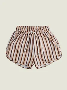 Men's striped casual beach shorts, quick-dry polyester woven fabric with elastic drawstring.