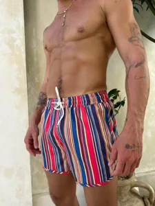 Men's colorful striped swim trunks quick dry lightweight beach shorts casual detail view