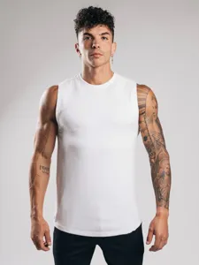 Heren wit mouwloos fitness spier tanktop, casual katoen gym workout sportshirt shirt.