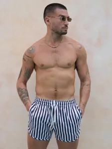 Men's casual vertical striped quick-drying beach shorts, comfortable polyester fabric.