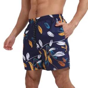 Pantaloncini da bagno uomo asciugatura rapida mare spiaggia con stampa foglia e comodo cordoncino.