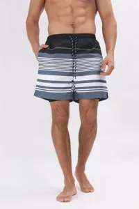 Costume da bagno uomo a righe asciugatura rapida, pantaloncini mare con coulisse e doppio.