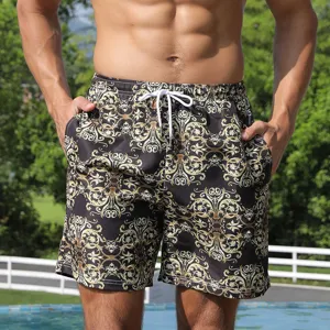 Men black gold baroque print quick dry board shorts casual summer beach vacation swimwear