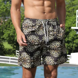 Men's baroque print boardshorts, quick-dry casual beach shorts with elastic drawstring waist.