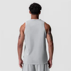 Detail view of men's mesh sports tank top, lightweight quick-dry fabric for summer running workout