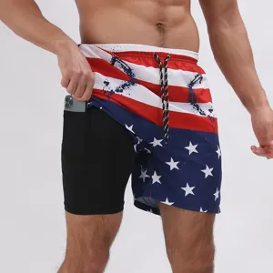 Pantaloncini da bagno uomo doppio strato stampa bandiera USA, pantaloncini spiaggia rapidi.