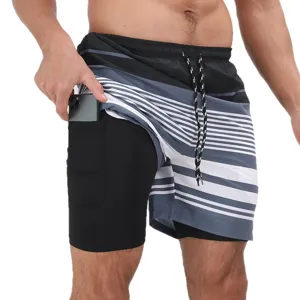 Pantaloncini da bagno 2 in 1 asciugatura rapida da uomo con tasca per cellulare e fodera.