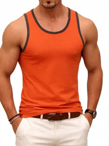 Gedetailleerd uitzicht op het heren sport mouwloze tanktop met contrasterende boord in oranje.