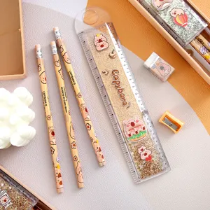 Cute capybara stationery set including glitter ruler and pencils, perfect for students daily use.