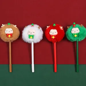 Joli stylo à bille en peluche de cerf de Noël avec boule duveteuse pour papeterie d'étudiants.
