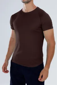 Herren Einfarbig Braun Kurze Ärmel Atmungsaktiv Mesh Sport T-Shirt für Fitness Laufen.