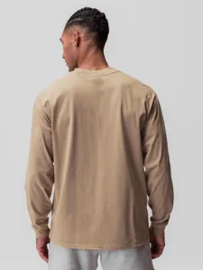 Herren einfarbig khaki langarm Rundhals T-Shirt, lässiges loses Streetwear Oberteil im Herbst.