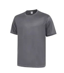 Men grey quick-dry athletic t-shirt detail, breathable short sleeve crewneck fitness top.