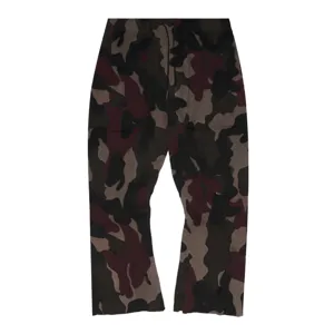 Detail view of men's dark camouflage cargo pants with drawstring waist and straight leg fit.