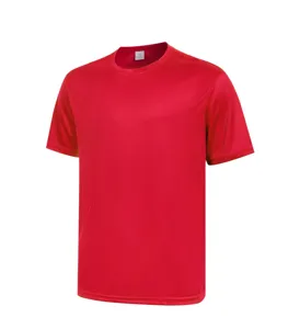 Closeup detail of red breathable quick-drying sports fitness t-shirt collar and mesh fabric texture.