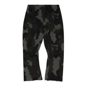 Dark camouflage cargo trousers detail showcasing the patterned fabric and drawstring waist.