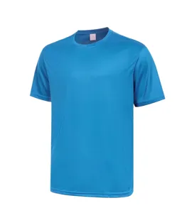 Men's quick-dry sports t-shirt, breathable blue athletic crewneck running shirt detail.