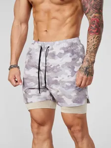 Short de sport camouflage 2-en-1 pour homme avec doublure de compression et cordon.