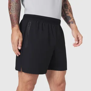 Men's black athletic shorts with zipper pocket, casual breathable quick-dry beach shorts.