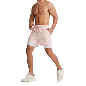 Pantalones cortos deportivos 2 en 1 para hombre con forro blanco, short rosa de fitness