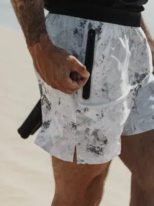 Men's camo athletic shorts detail showcasing zipper pocket and breathable fabric.