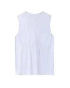 Close-up detail view of the white breathable mesh back panel and athletic sleeveless design.