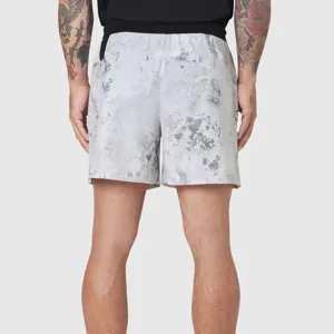 Back detail view of men's athletic shorts with grey camouflage print and black waist.