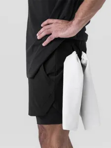 Short de sport pour homme faux deux pièces course fitness entraînement avec boucle de serviette