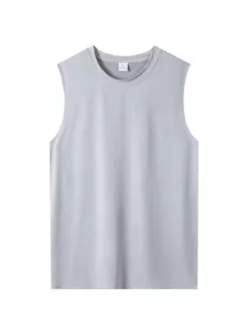 Men's grey quick-drying sports tank top, breathable mesh sleeveless shirt for running and fitness.