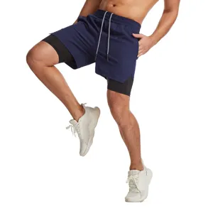 Pantalones cortos deportivos 2 en 1 para hombre con forro de secado rápido, ideales para fitness.