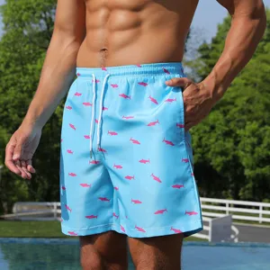 Men's boardshorts quick dry casual swim trunks light blue pink shark print beach wear