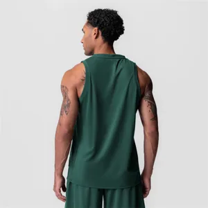 Mens dark green athletic mesh sleeveless tank top and shorts set for running and fitness training.