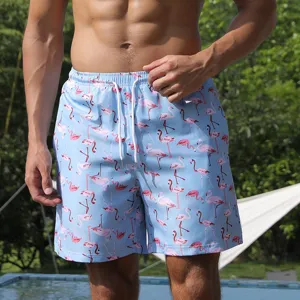 Men's summer casual beach shorts with flamingo print, quick dry loose swim trunks