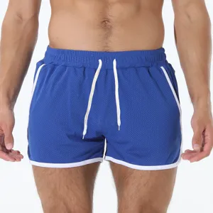Pantaloncini sportivi in rete blu da uomo con profilo bianco, pantaloncini mare casual.