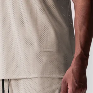 Men's athletic mesh quick-drying tank top detail view, breathable sportswear running vest.