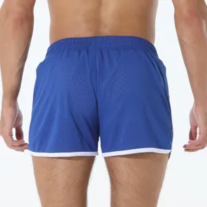 Vista posteriore dettagliata di pantaloncini sportivi in rete traspirante blu da uomo.