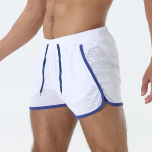 Pantaloncini sportivi a rete da uomo bianchi traspiranti casual con bordo blu e coulisse.