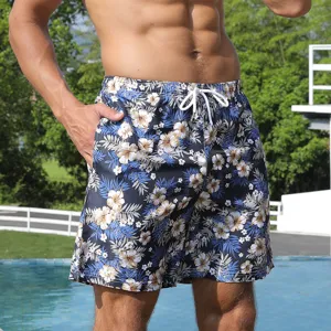 Mens floral print board shorts quick dry casual swim trunks detail view with drawstring.