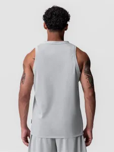 Men's breathable mesh athletic tank top for running gym fitness workout activewear gray back view